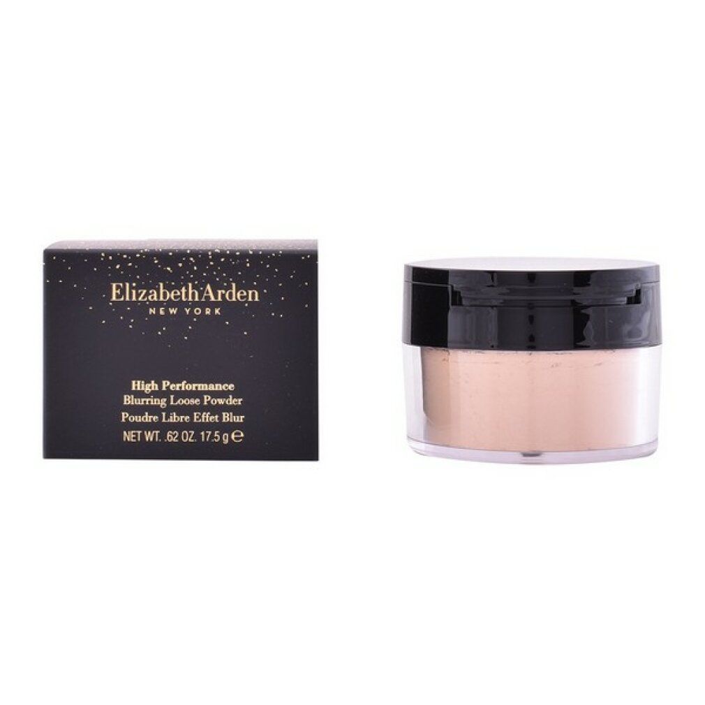 Transparenter loser Puder und Verpackung. Schwarze Schachtel mit Markennamen und Produktbezeichnung. Transparenter Behälter.