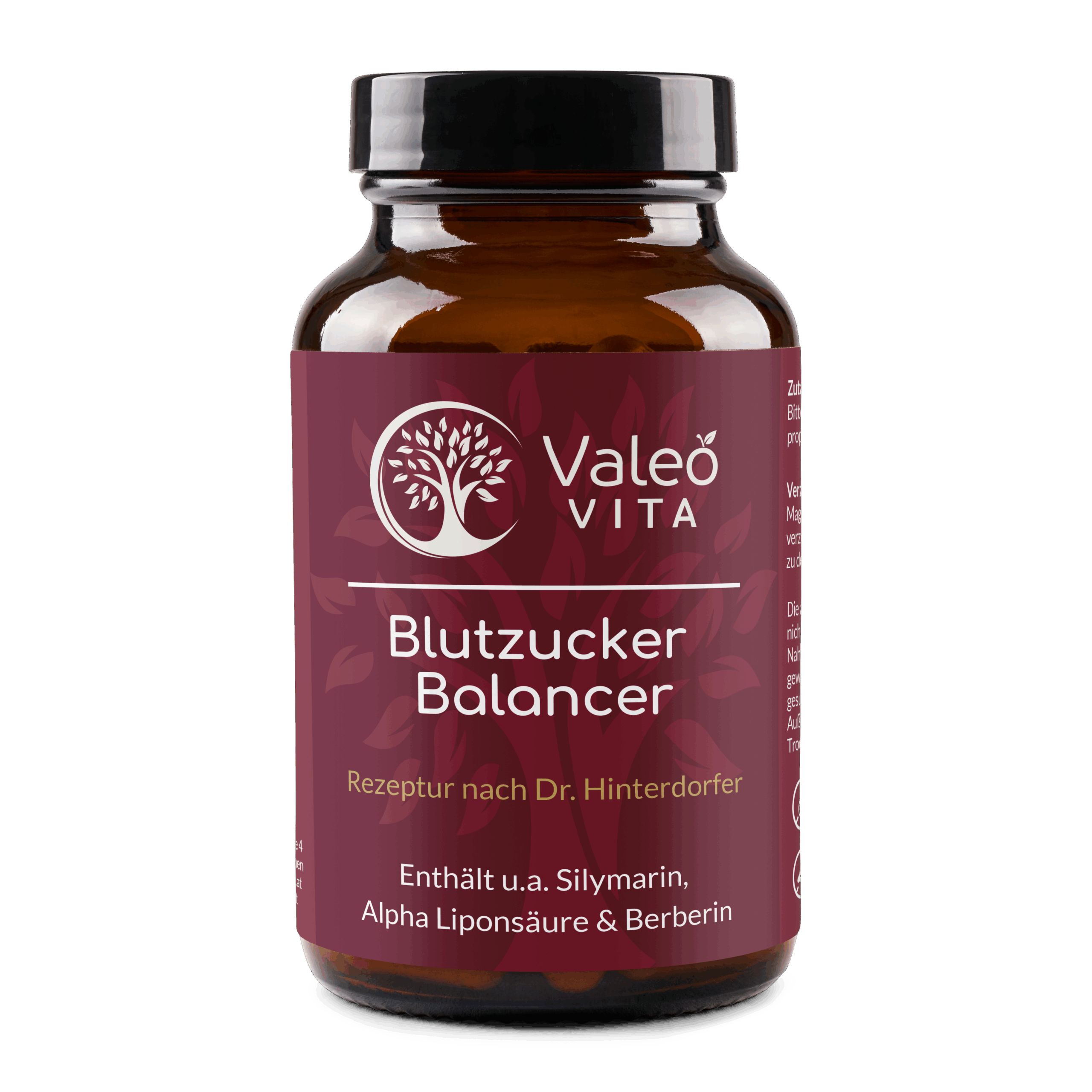 Braune Glasflasche mit rotem Etikett. Text: Valeo Vita, Blutzucker Balancer, Rezeptur nach Dr. Hinterdorfer. Enthält u.a. Silymarin, Alpha Liponsäure & Berberin.
