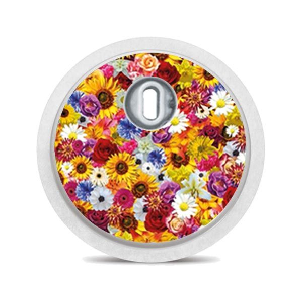Runder Aufkleber mit Sonnenblumen und Rosen. Bunte Blumen auf weißem Rand.