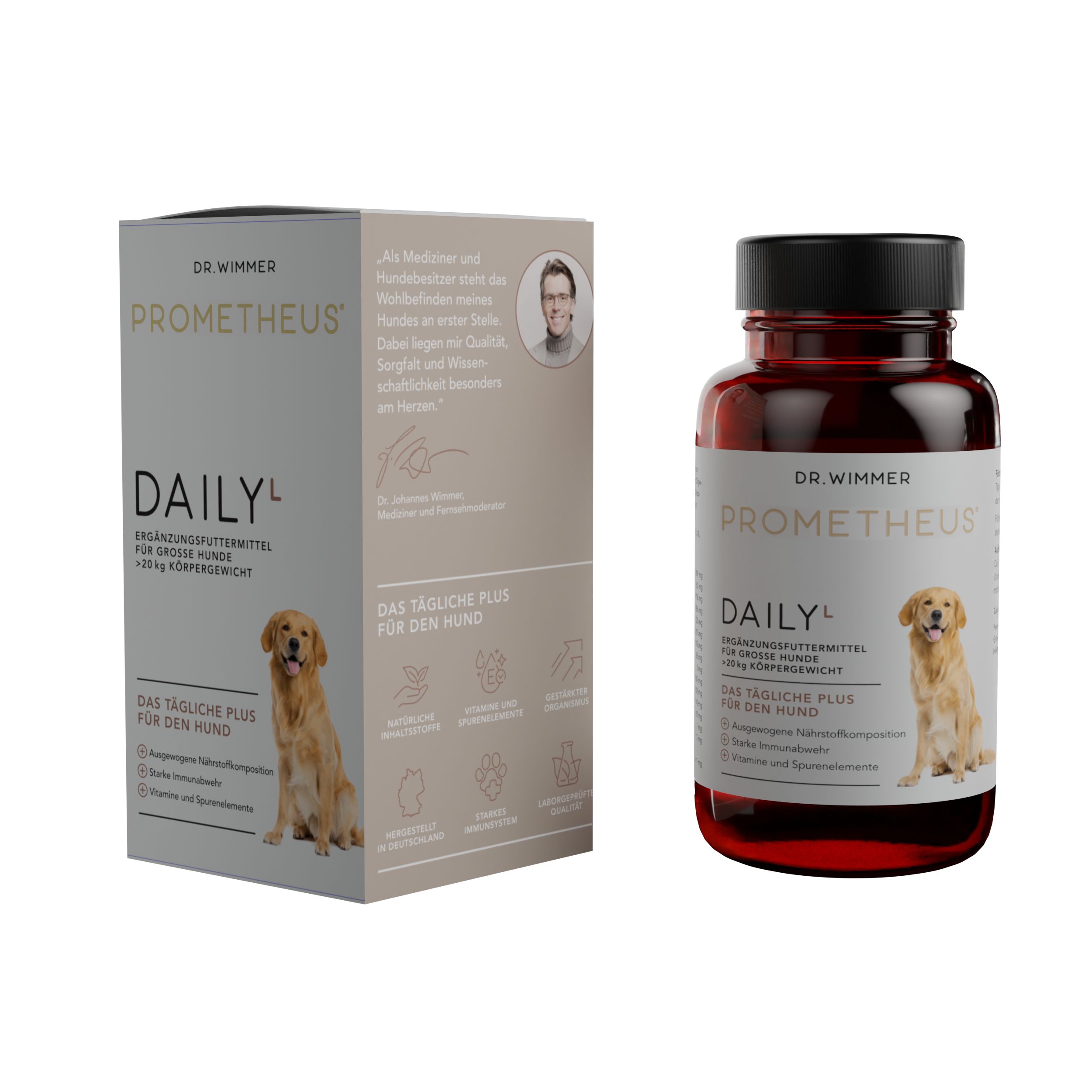 Braune Flasche und Schachtel mit Produktaufdruck. Aufschrift: PROMETHEUS DAILY L. Abbildung eines Hundes. Ergänzungsfuttermittel.