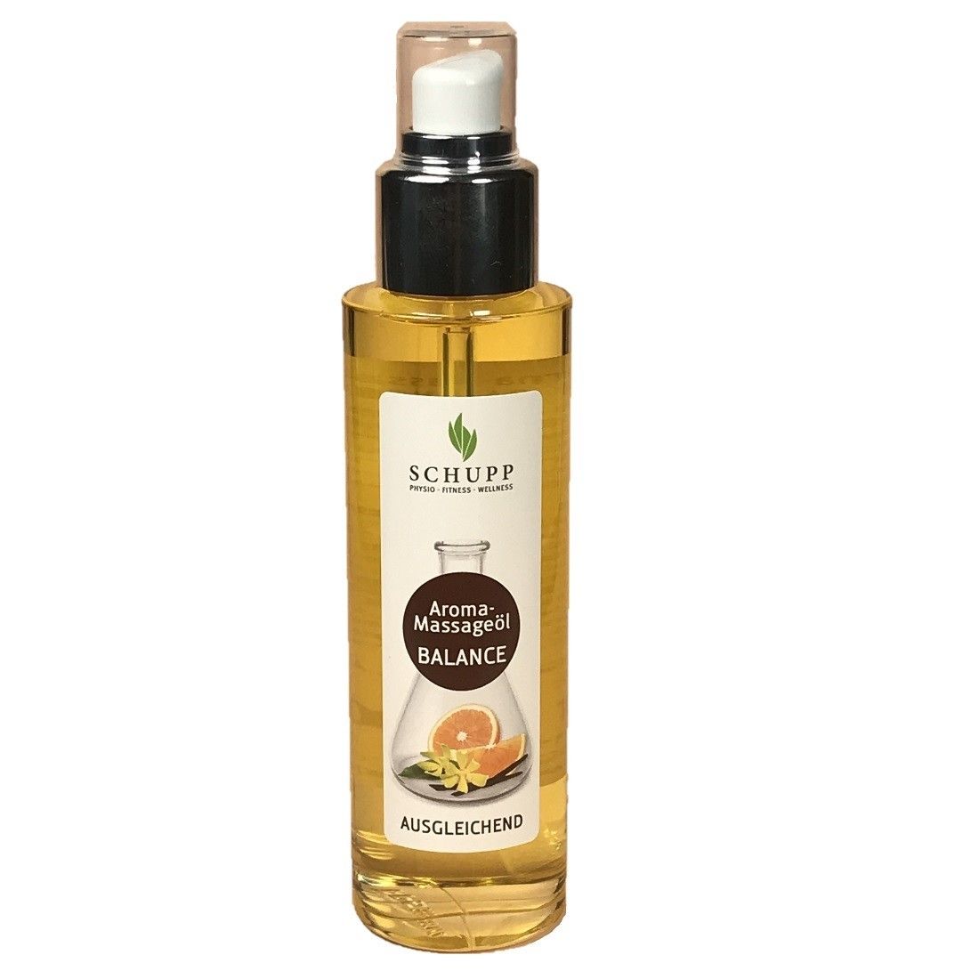 Schupp Aroma-Massageöl Balance. Flasche mit Sprühkopf. Etikett mit Produktname und Illustration einer Orange.