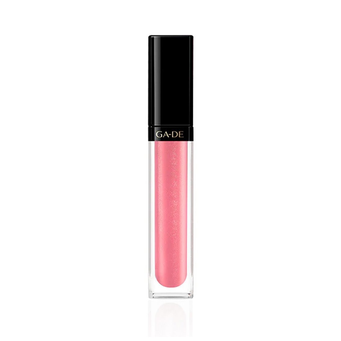Ga-De Crystal Lights Lipgloss. Transparente Tube mit rosa Inhalt. Schwarzer Deckel mit Ga-De-Logo. Quadratische Form.