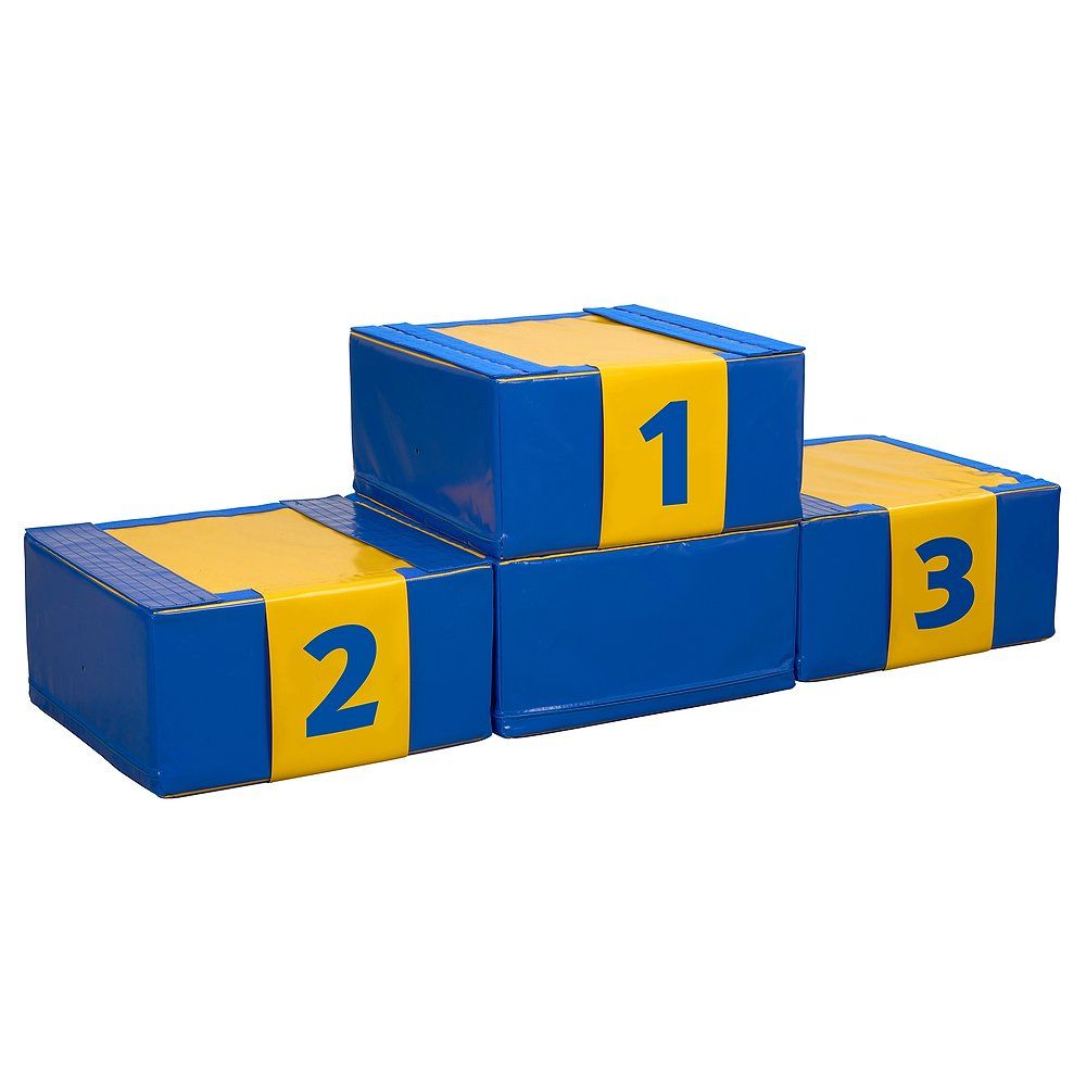 Blau-gelbes Podest mit den Zahlen 1, 2 und 3. Rechteckige Form, drei Ebenen. Für Indoor-Aktivitäten.