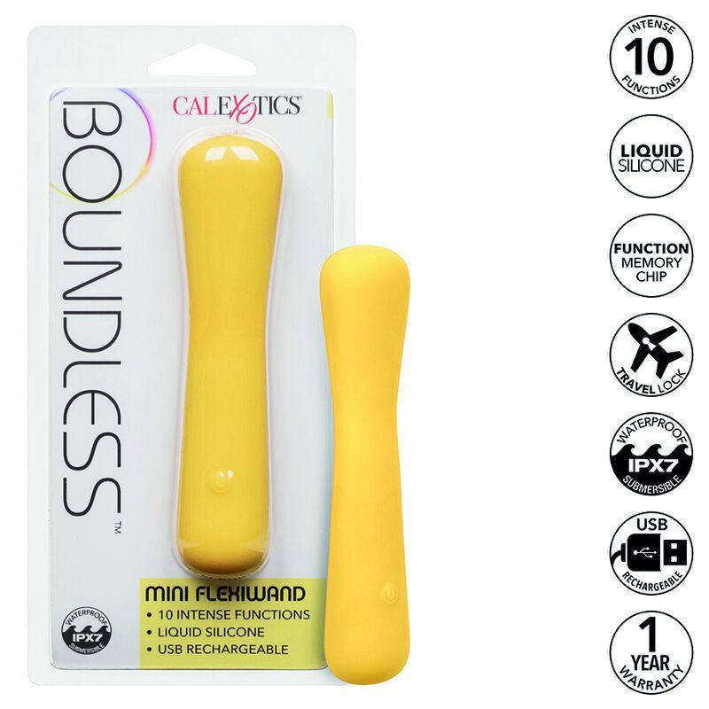 Verpackung mit zwei gelben Mini FlexiWands. Produktname und Marke Calexotics sichtbar. Enthält 10 Intensitätsstufen, Silikon.