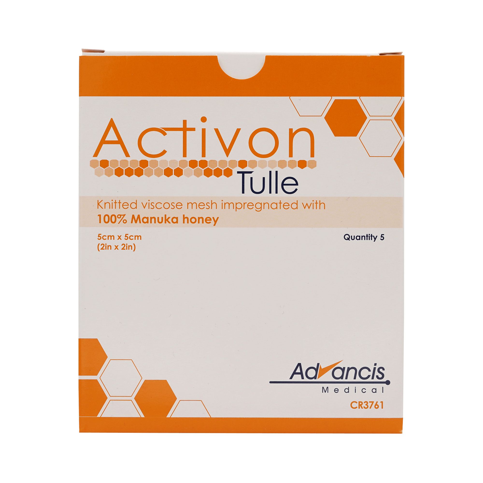 Verpackung mit Activon Tulle. Aufdruck: Strickviskose-Gewebe imprägniert mit 100% Manuka-Honig. Größe: 5cm x 5cm. Menge: 5. Marke: Advancis Medical.
