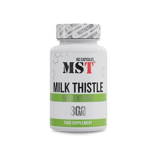 Weiße Flasche mit MST Milk Thistle. Aufschrift: 60 Kapseln, Milk Thistle Seed Extract, 300mg. Grüner Streifen.