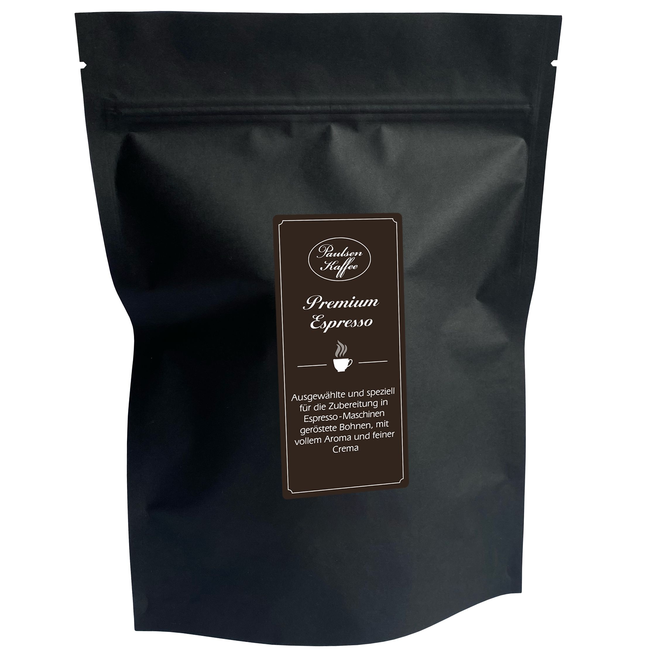 Schwarzer Beutel mit Etikett. Auf dem Etikett steht "Paulsen Kaffee Premium Espresso".