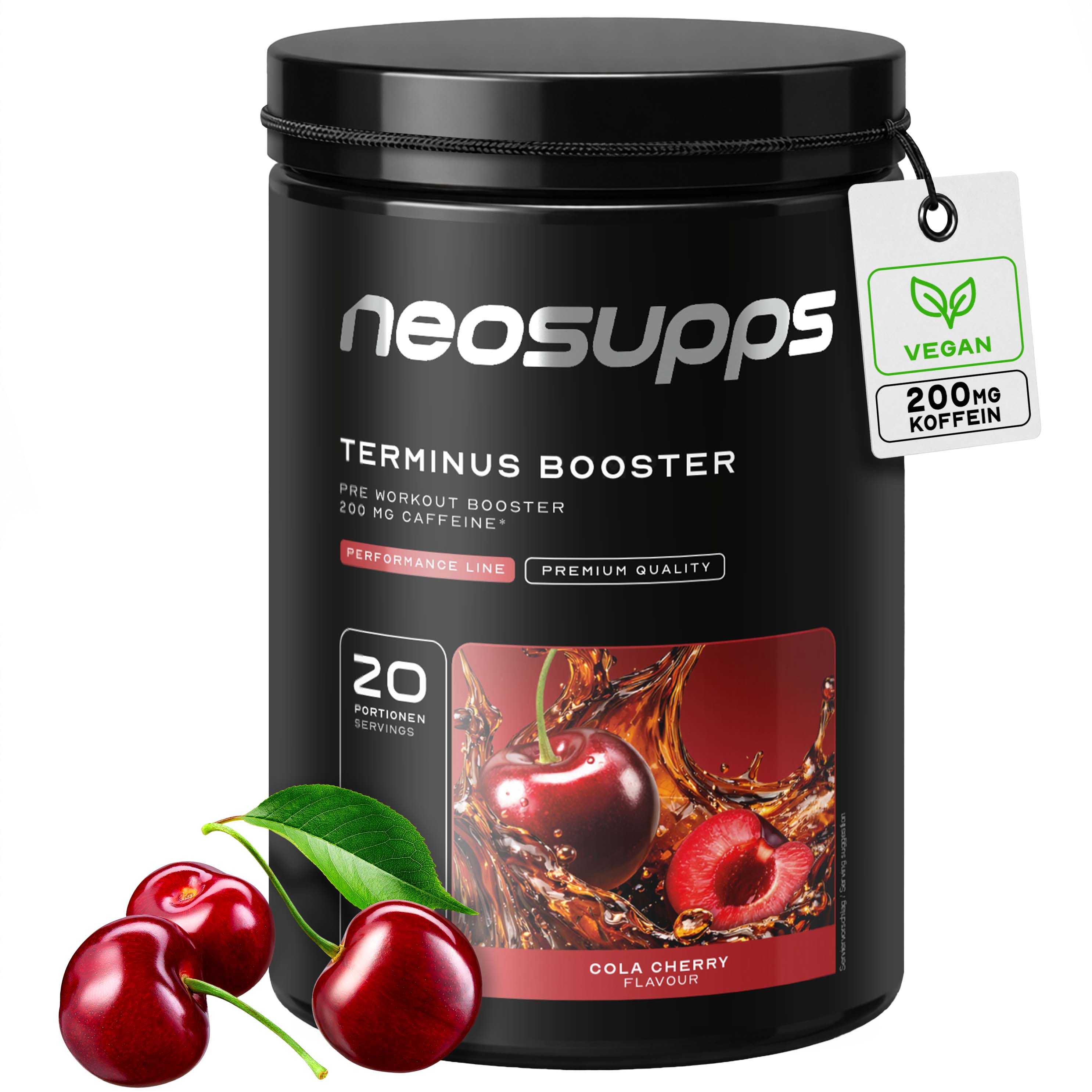 Neosupps Terminus Booster Dose mit Kirschen und "Vegan" Siegel.