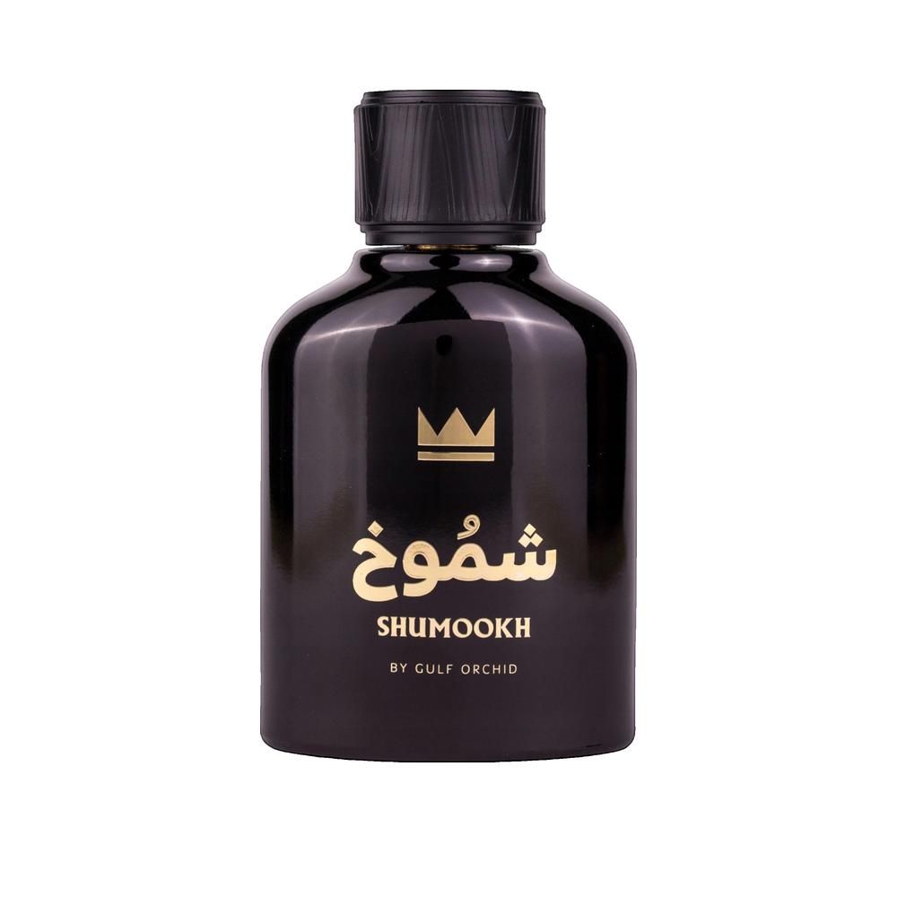 Schwarze, runde Flasche mit goldenem Text und Krone. Enthält arabische Schriftzeichen und "SHUMOOKH".