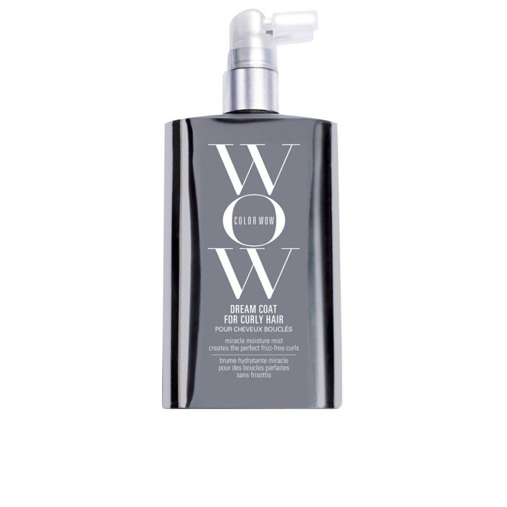 Graue Flasche mit Sprühkopf. Aufschrift: Color Wow, Dream Coat for Curly Hair. Text: Miracle Moisture Mist. Ohne Sulfate.