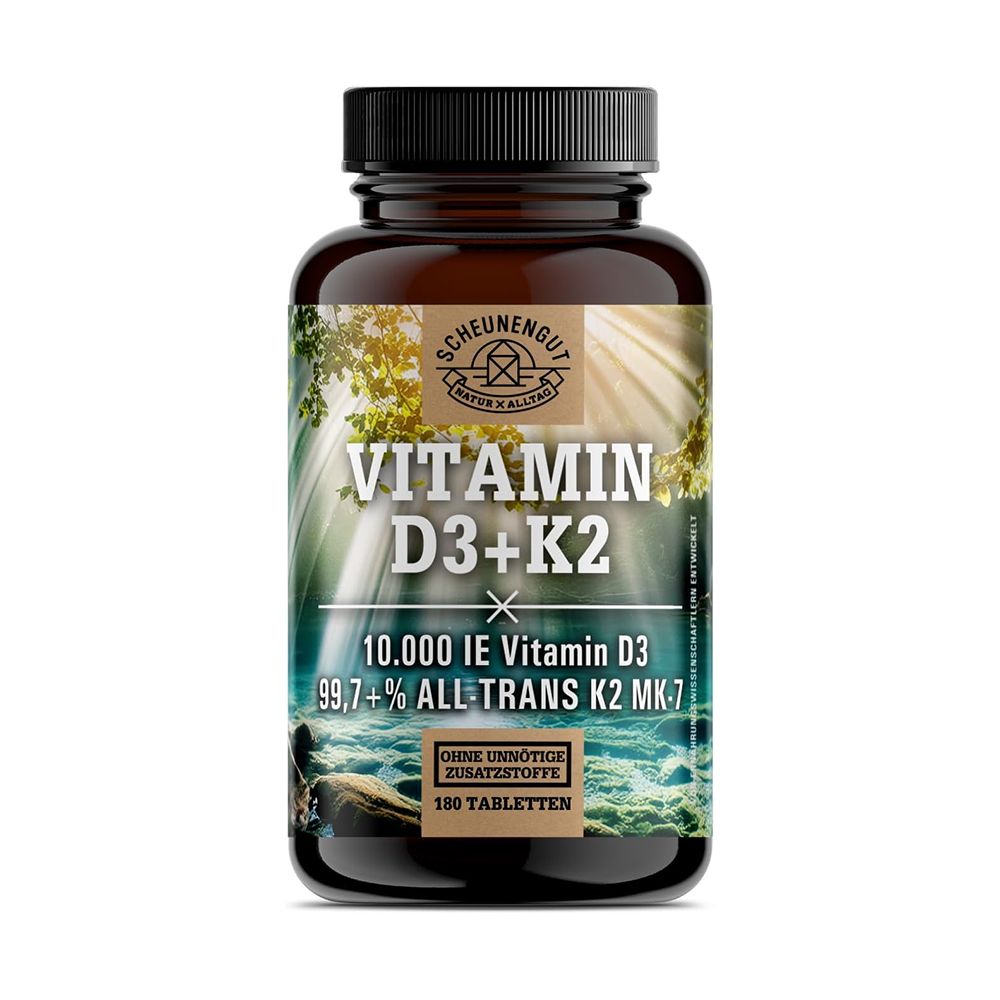 Braune Glasflasche mit Vitamin D3+K2 Etikett. Enthält 180 Tabletten.