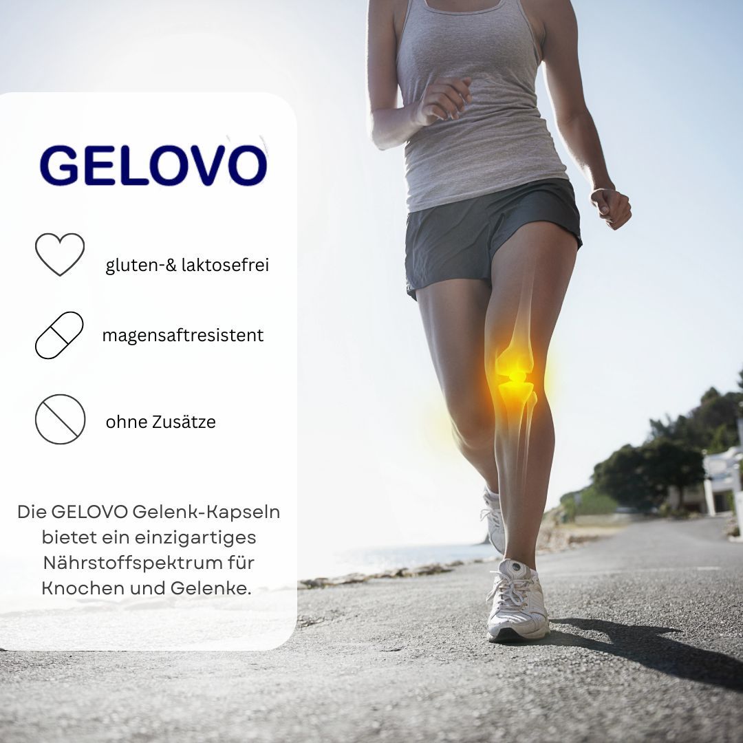 Eine Person rennt auf einer Straße. Neben ihr ein Textfeld mit GELOVO-Logo und Icons: glutenfrei, magensaftresistent, ohne Zusätze. Knieskelettdarstellung.