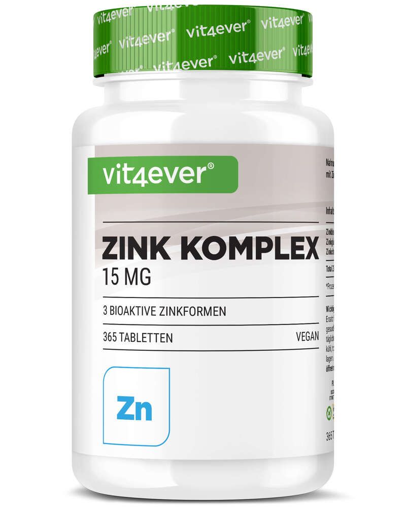 Zink Komplex 15 mg Flasche. 365 Tabletten. Vegan. Aufschrift: vit4ever. 3 bioaktive Zinkformen. Zn-Symbol.