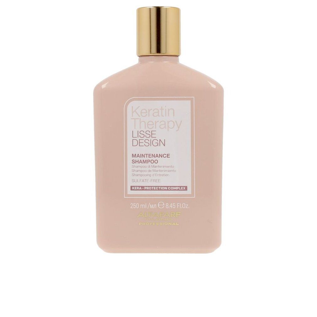 Rosa Shampoo-Flasche mit goldfarbenem Deckel. Text: Keratin Therapy Lisse Design Maintenance Shampoo, Alfaparf Milano.