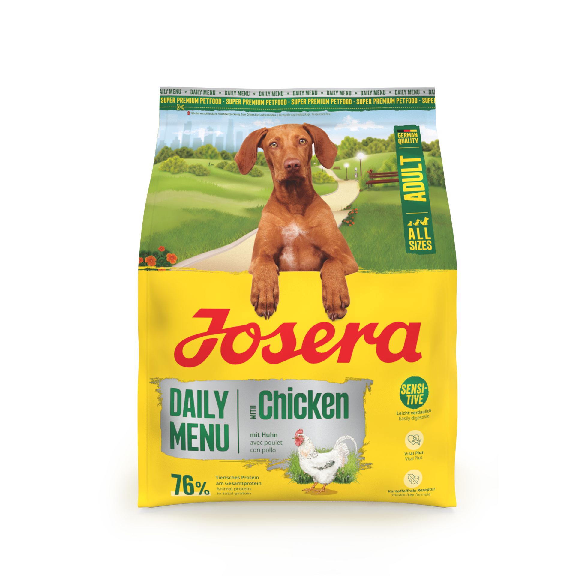 Josera Daily Menu Adult Chicken Hundefutter-Sack mit Hund und Huhn-Illustration.
