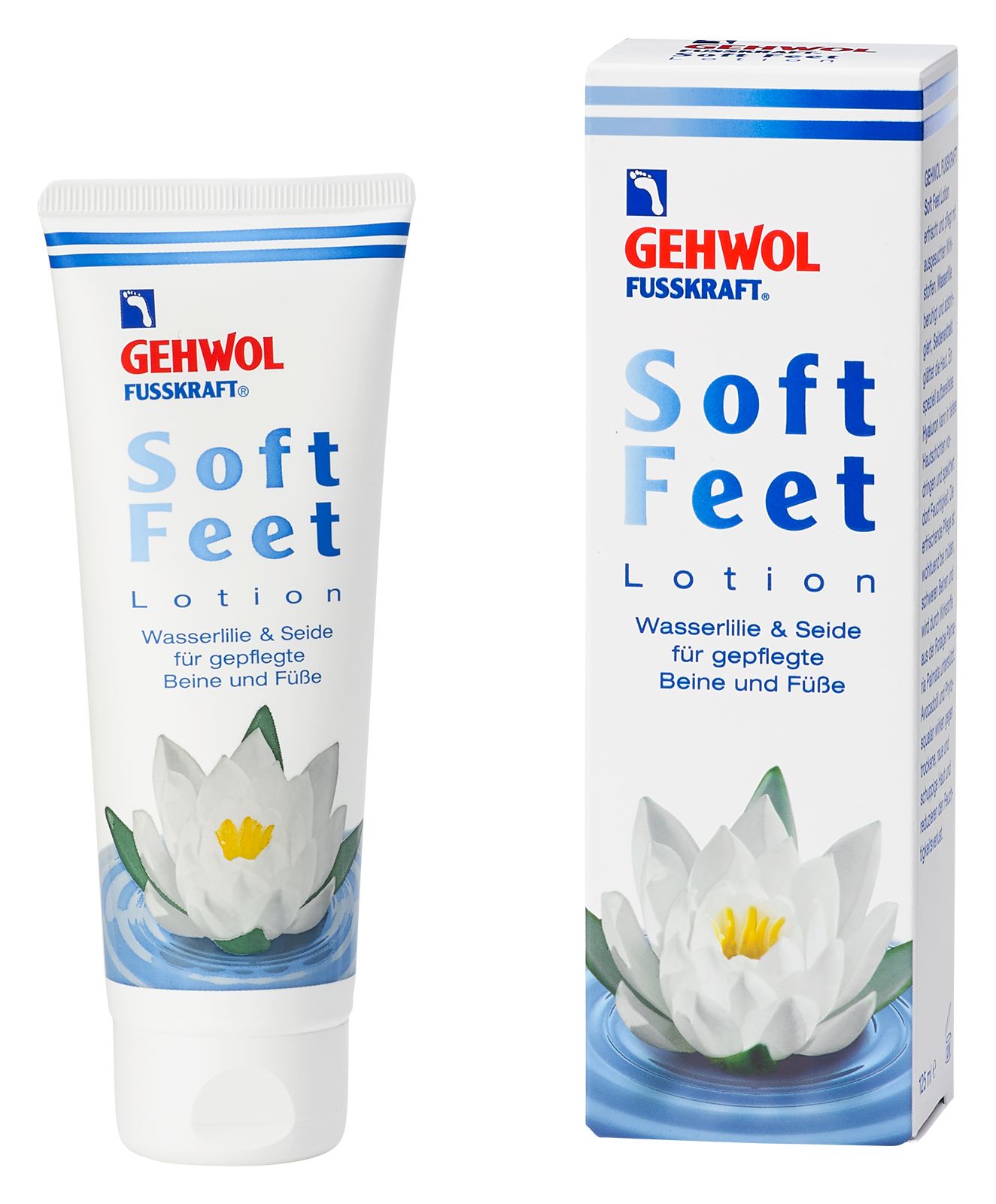 Weiche Füße Lotion. Tube und Schachtel mit Logo, Produktname und Seerosen-Illustration. Text: Wasserlilie & Seide für gepflegte Beine und Füße.