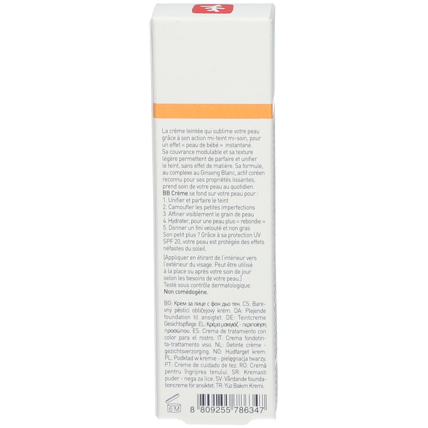 Côté de l'emballage du produit. Texte multilingue. Marque: Erborian.