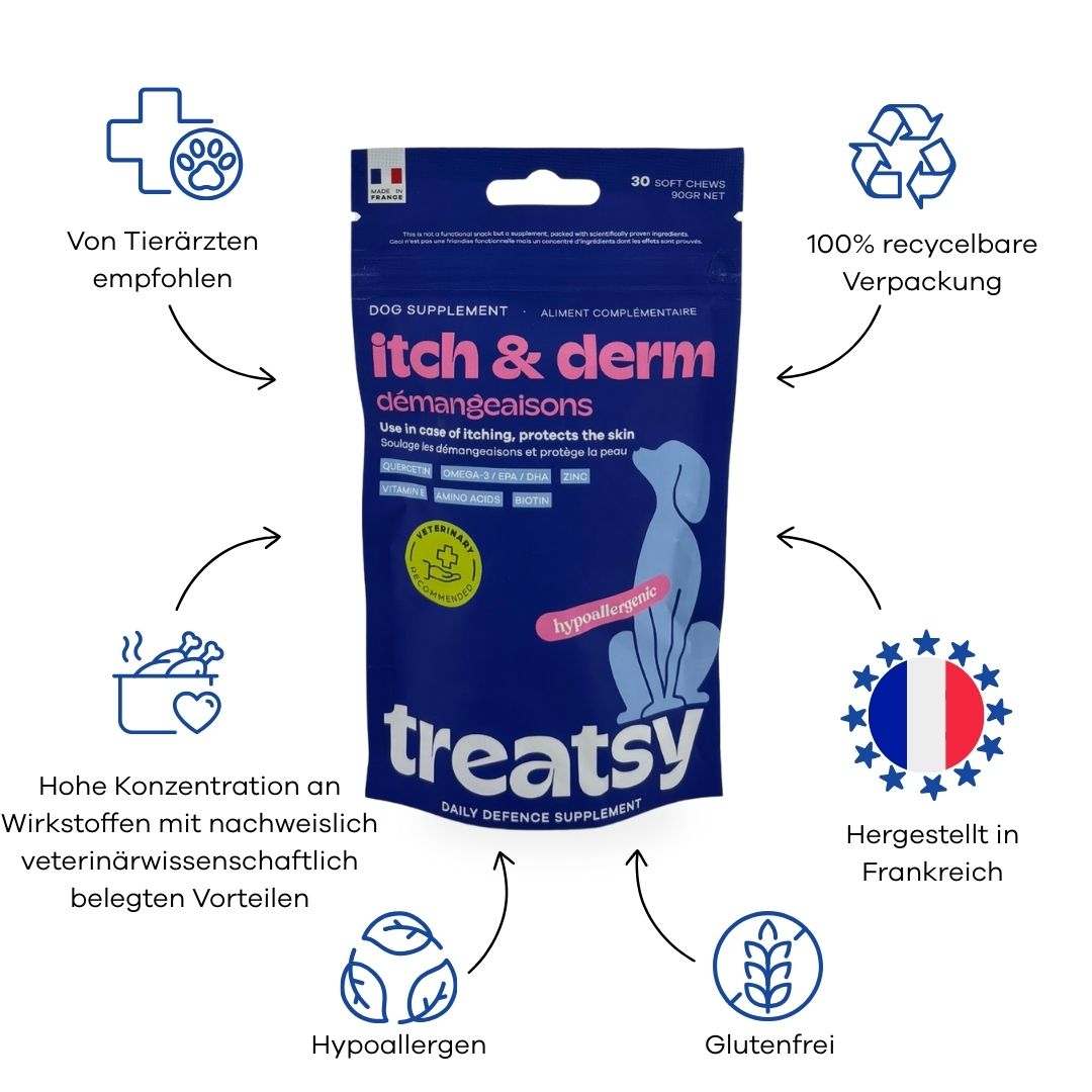 Blaue Tüte mit "itch & derm" und "Treatsy" Aufdruck. Mit Tierarzt-Logo, "Hypoallergen", "Glutenfrei" und Flagge.