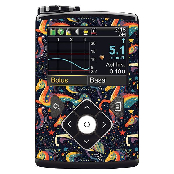 Medizinprodukt mit Pferde-Design. Schwarzer Hintergrund mit bunten Pferden und Sternen. Display mit Messwerten.