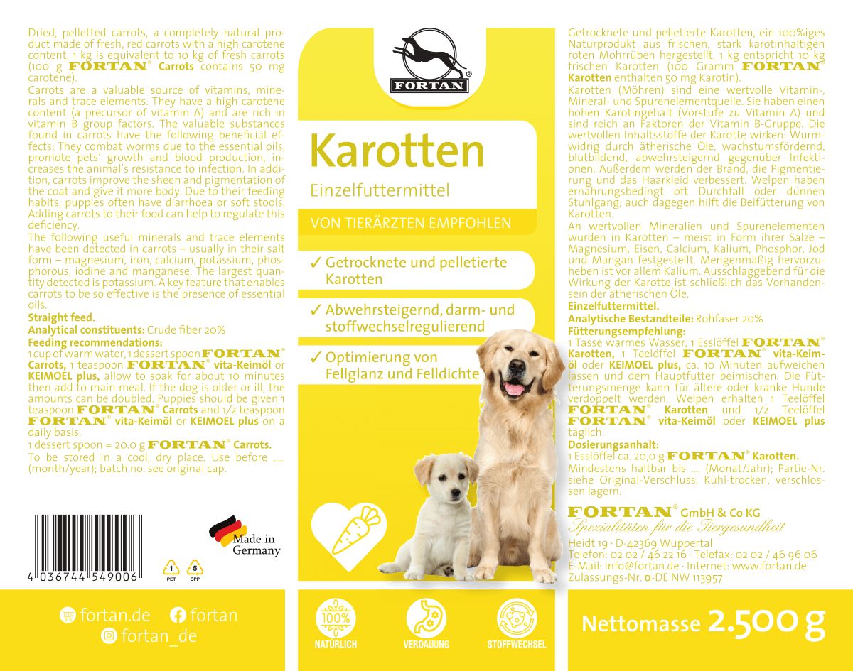 Gelbes Etikett mit Produktinformationen. Enthält Logo, Produktname 'Karotten', und Abbildungen von Hunden. Text in deutscher Sprache.