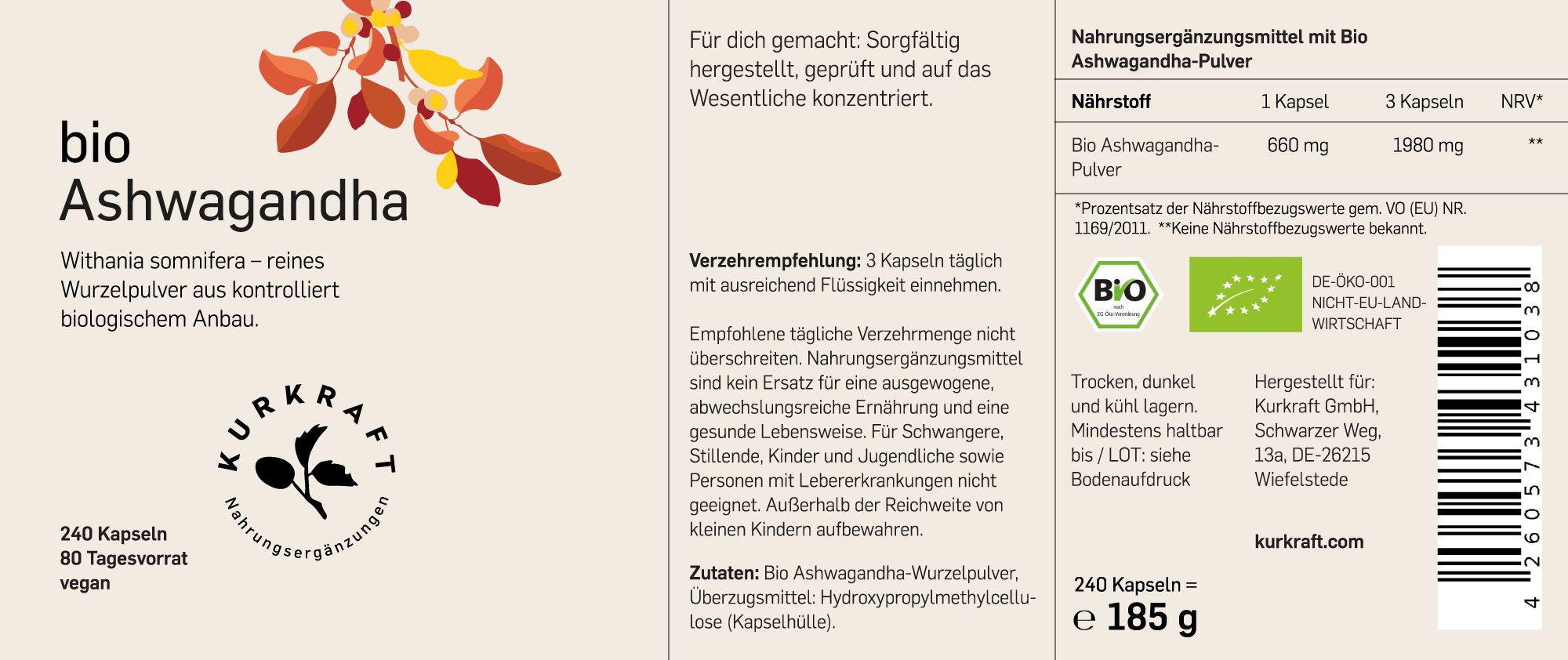 Etikett einer Flasche mit Bio Ashwagandha Kapseln. Text: 240 Kapseln, 60 Tagesvorrat, vegan. Logo und Text von Kurkraft. Zertifizierungen.