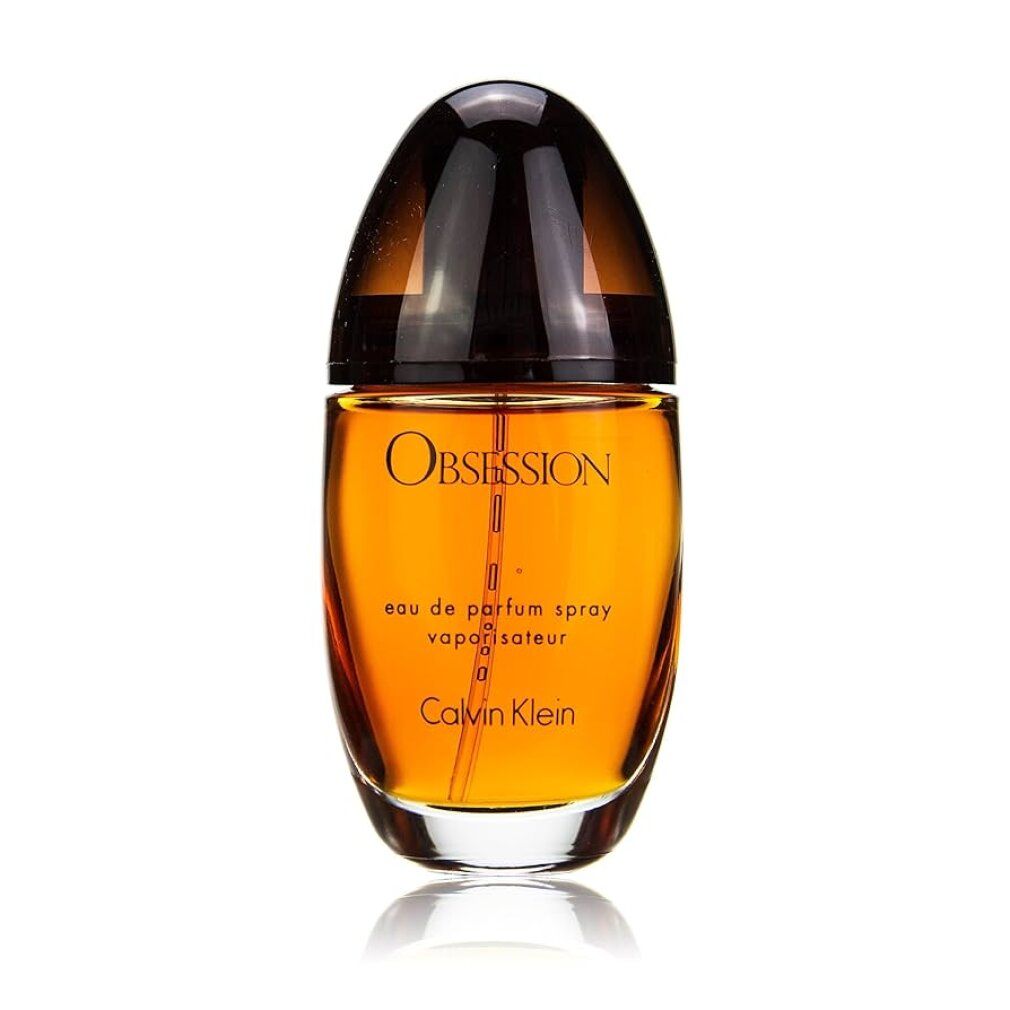 Braune, ovale Parfümflasche mit dunklem Deckel. Aufschrift Obsession und Calvin Klein. Eau de Parfum Spray.