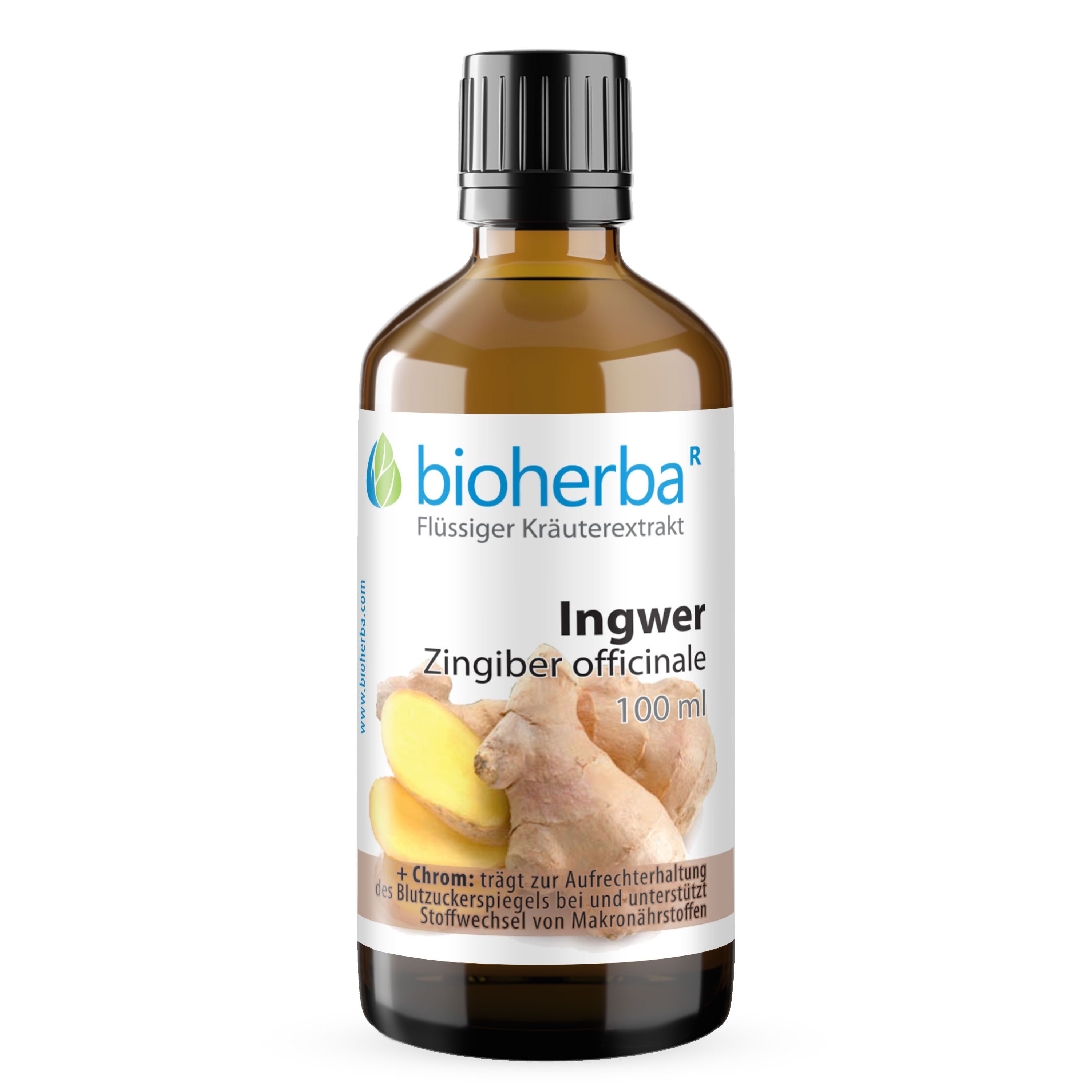 Braune Glasflasche mit schwarzem Deckel. Bioherba Ingwer, Zingiber officinale, 100 ml. Produktabbildung. Logo und Text.