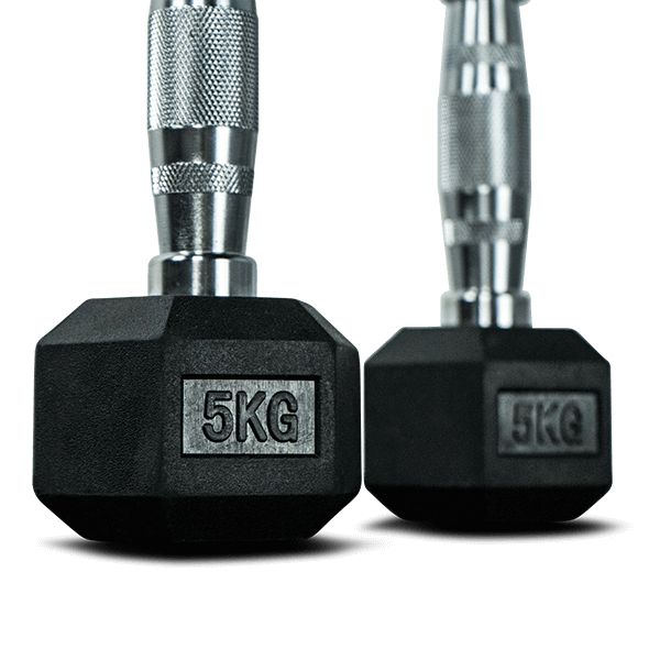 Zwei schwarze Kurzhanteln mit sechseckigen Köpfen und silbernen Griffen. Auf den Köpfen steht "5KG".