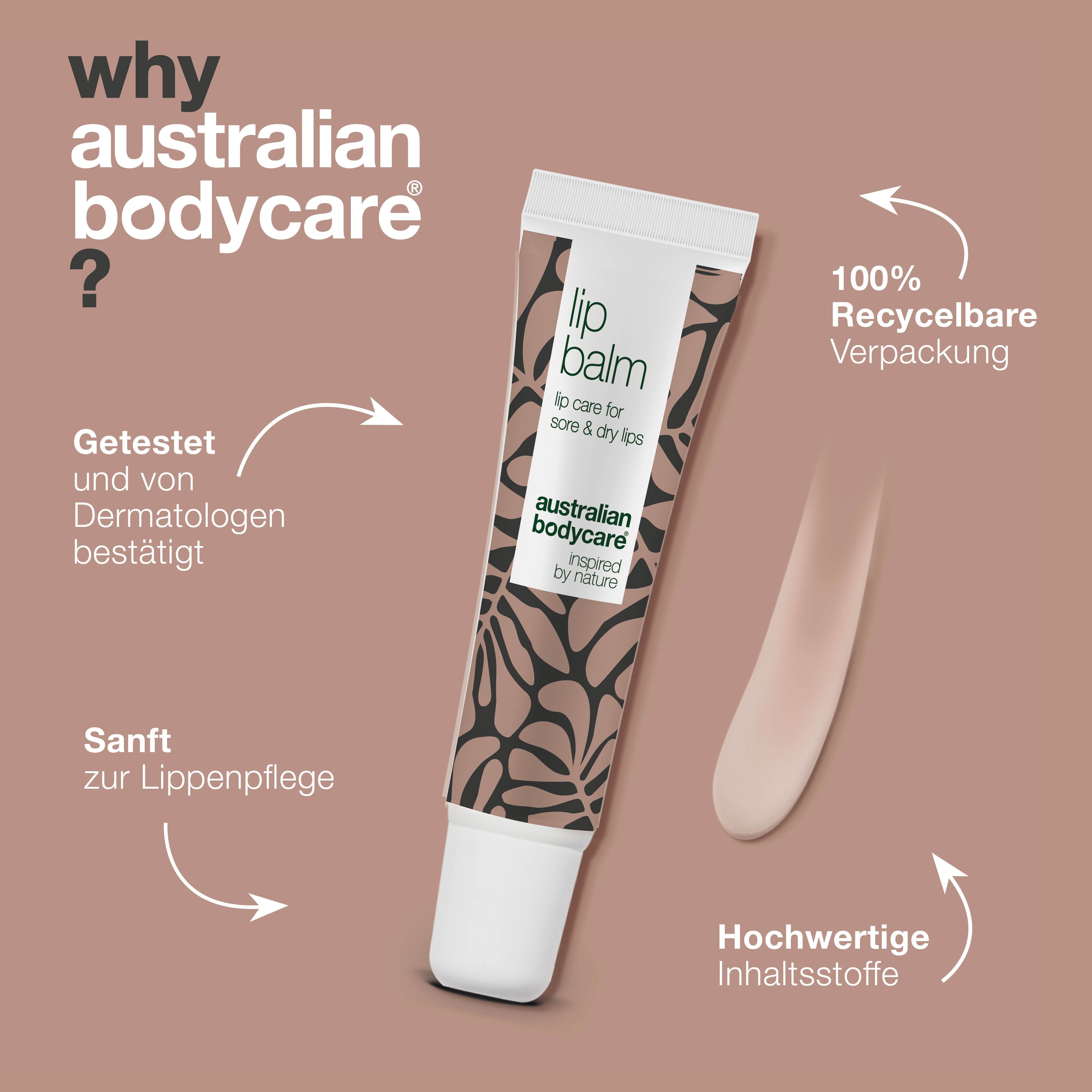 Lippenpflege-Tube. Text: Lip Balm, Australian Bodycare. Versorgt trockene und rissige Lippen mit Feuchtigkeit.