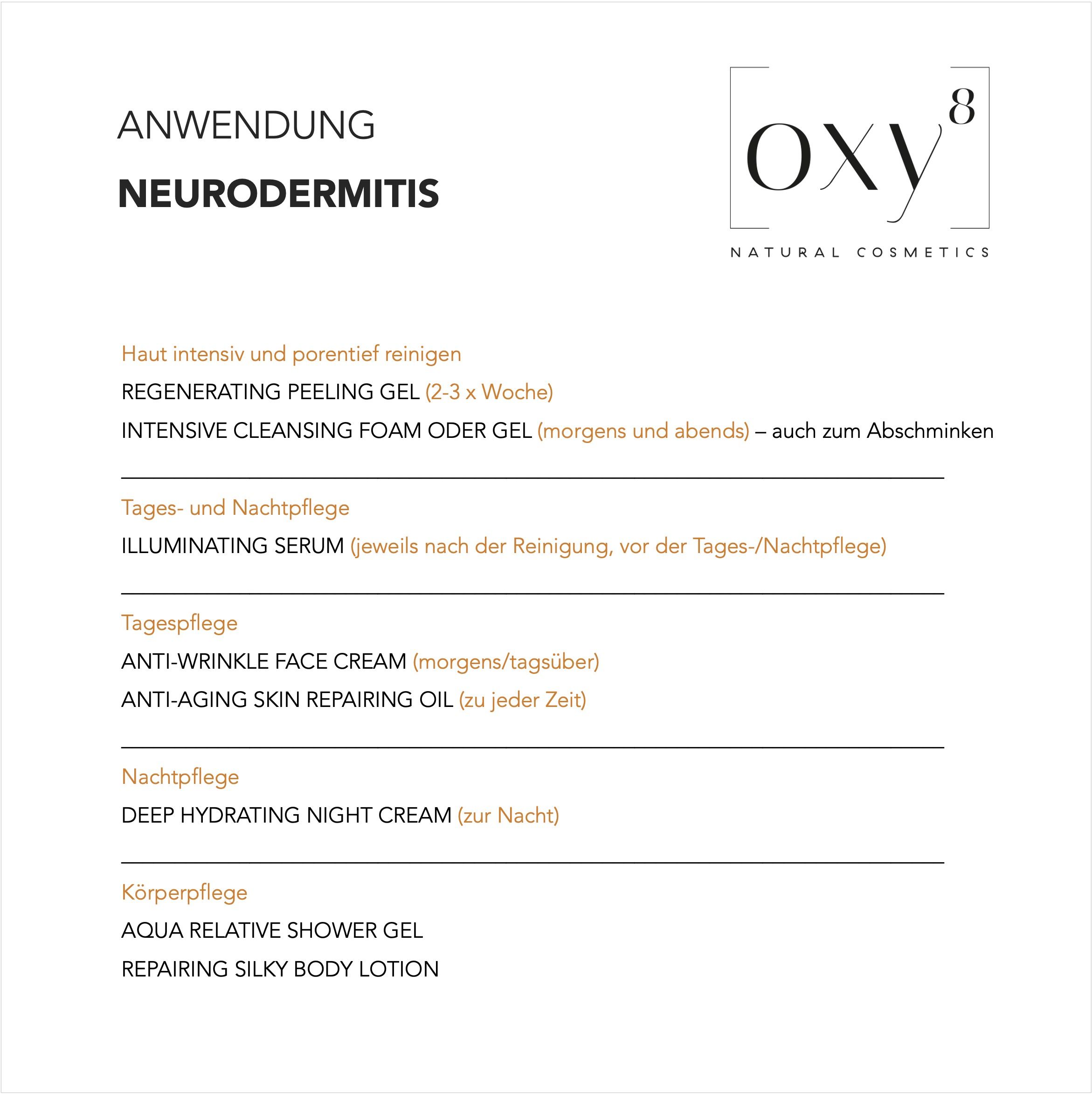 Text auf weißem Hintergrund. Überschrift: Anwendung Neurodermitis. OXY8 Logo. Auflistung von Pflegeprodukten.