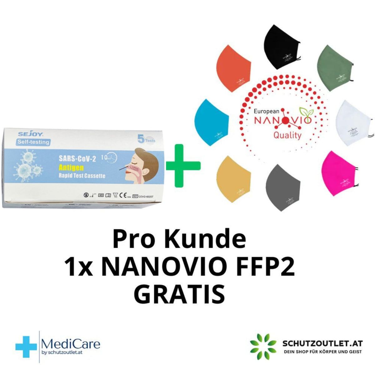 Sejoy SARS-CoV-2 Antigen Selbsttest-Kit für Laien, Covid-19 - Corona Test + Gratis Nanovio FFP2