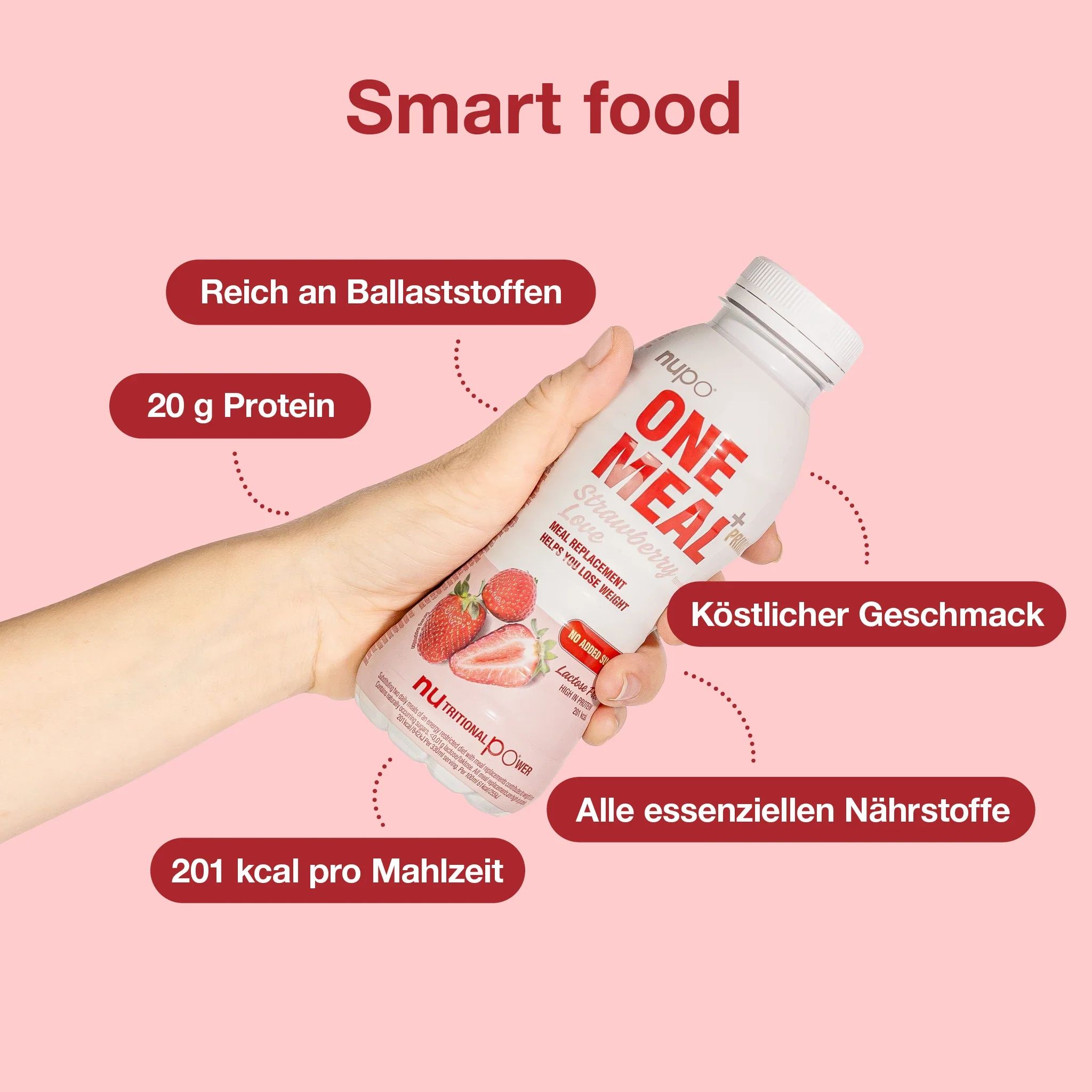 Flasche mit Produktaufschrift. Hand hält Flasche. Text: 20 g Protein, 201 kcal, Ballaststoffe, köstlicher Geschmack, alle Nährstoffe.