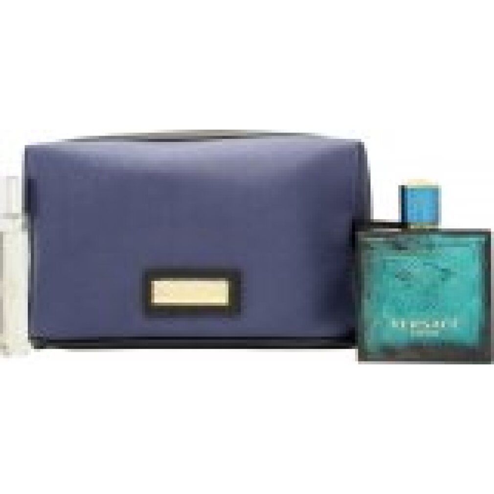 Türkis-blauer Flakon, Miniatur und blaue Tasche. Flakon mit goldener Schrift. Blaue Tasche mit goldfarbenem Rechteck.