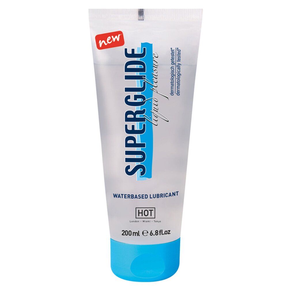 Tube mit SUPERGLIDE, waterbased lubricant. Aufschrift: HOT, 200ml, 6.8 fl oz. Neuer Aufkleber. Blauer Schraubverschluss.