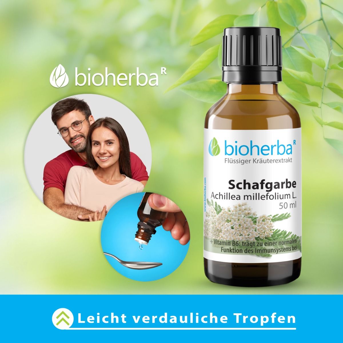 Braune Glasflasche mit schwarzem Deckel. Etikett mit Produktname und Logo. Paar im Hintergrund, Tropfen auf Löffel.