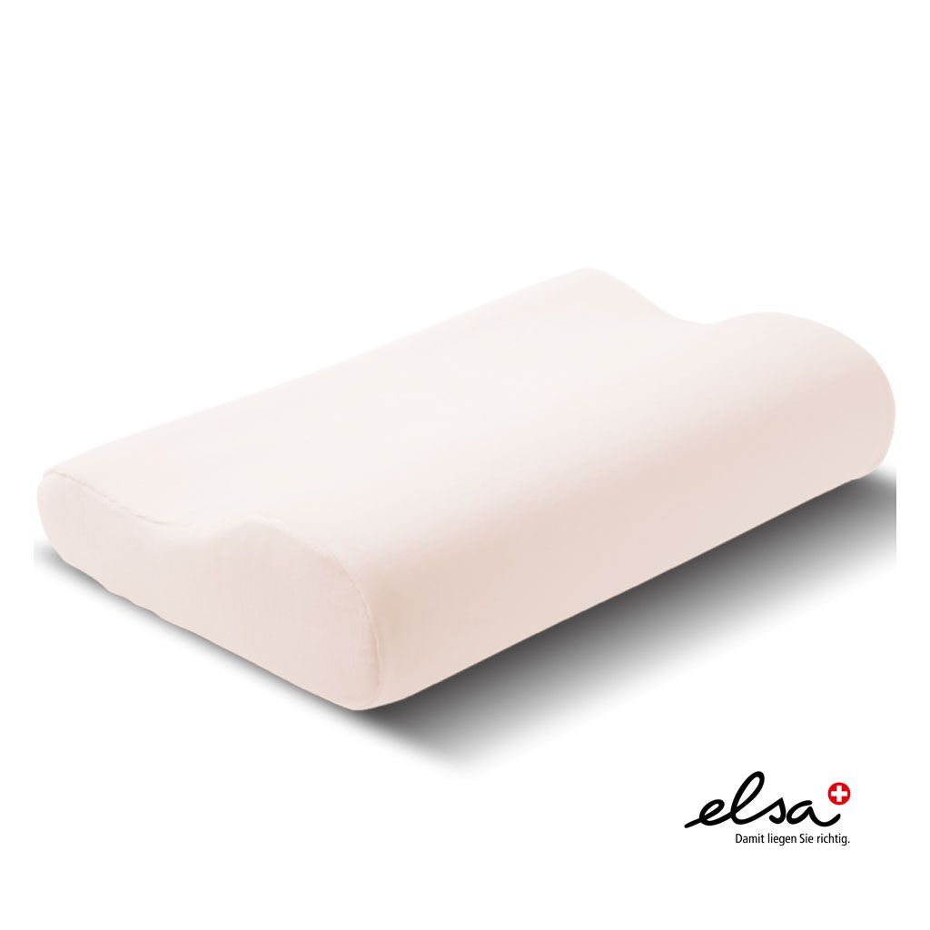 Ergonomisches Nackenkissen aus weißem Schaumstoff mit einer wellenförmigen Kontur für Nacken und Kopf. Logo unten rechts.