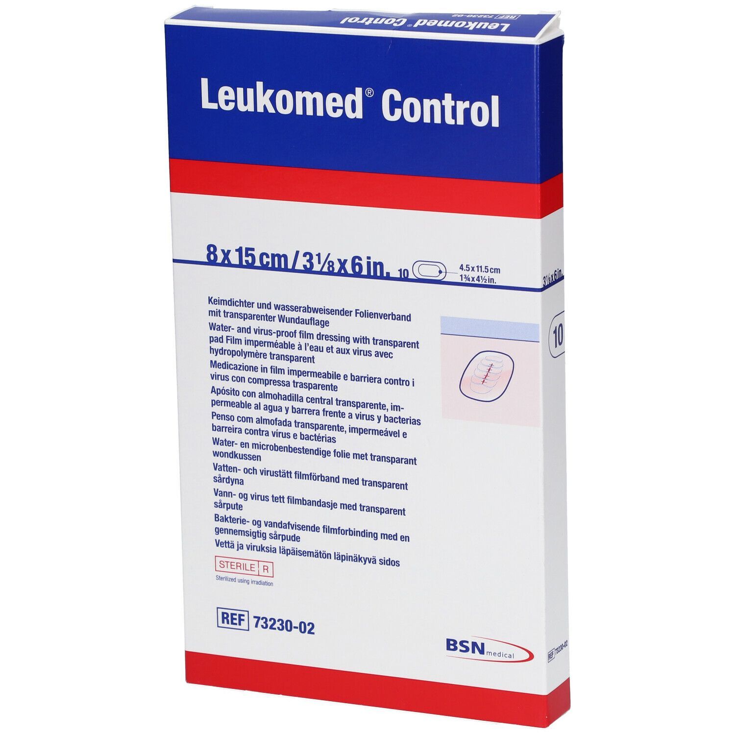 Verpackung von Leukomed Control. Aufschrift: 8x15cm/3 1/6x6 in. 10 Stück. Blau-weiße Schachtel mit Produktnamen und Produktinformationen.