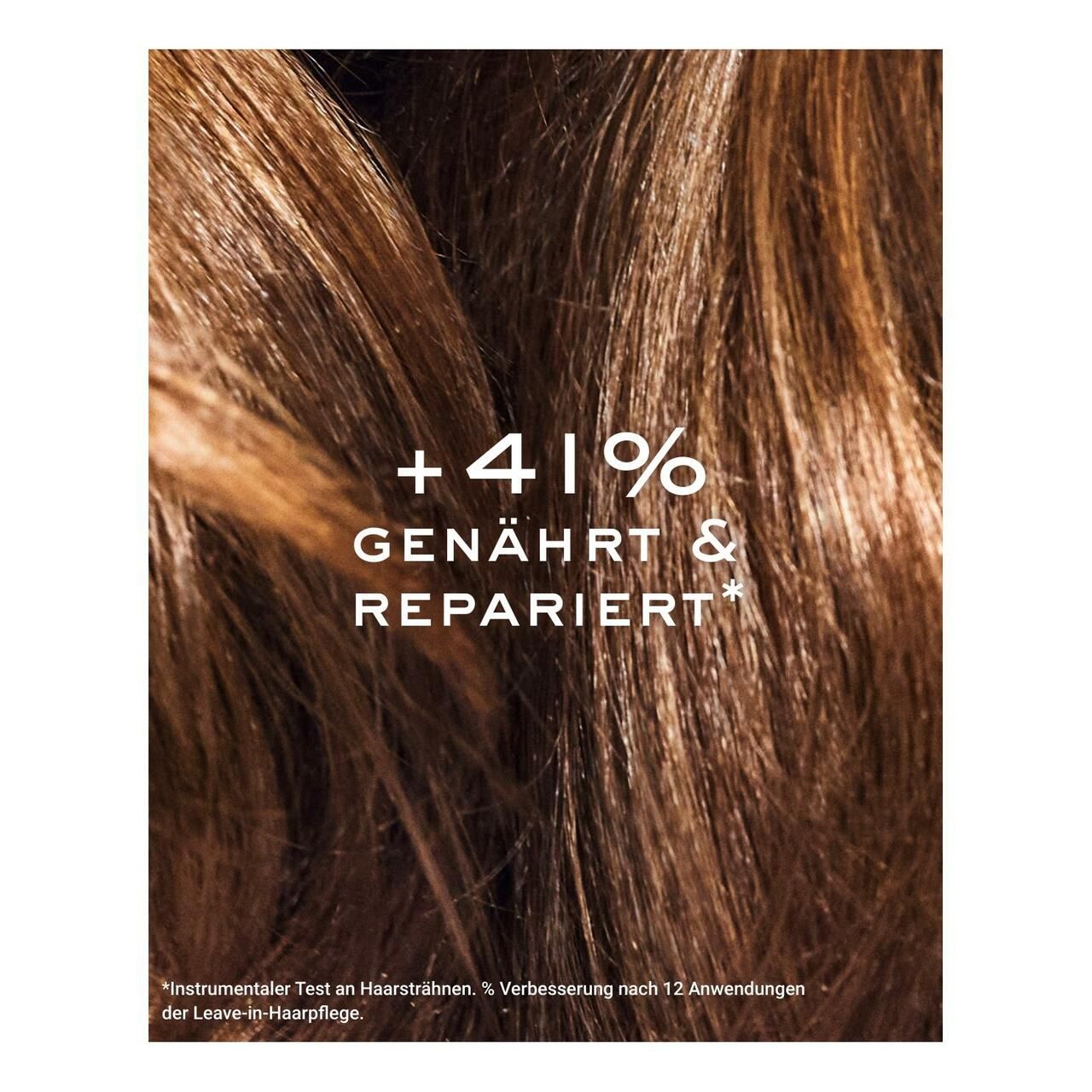 Haarsträhnen mit Text: +41% GENÄHRT & REPARIERT. Instrumenteller Test.