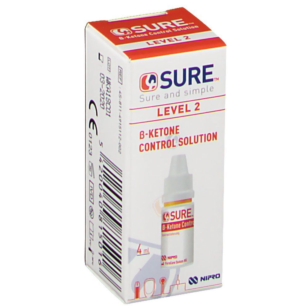Karton mit Produktflasche. Aufschrift: SURE, B-Keton Kontrolllösung, Level 2. Flasche: 4 ml.