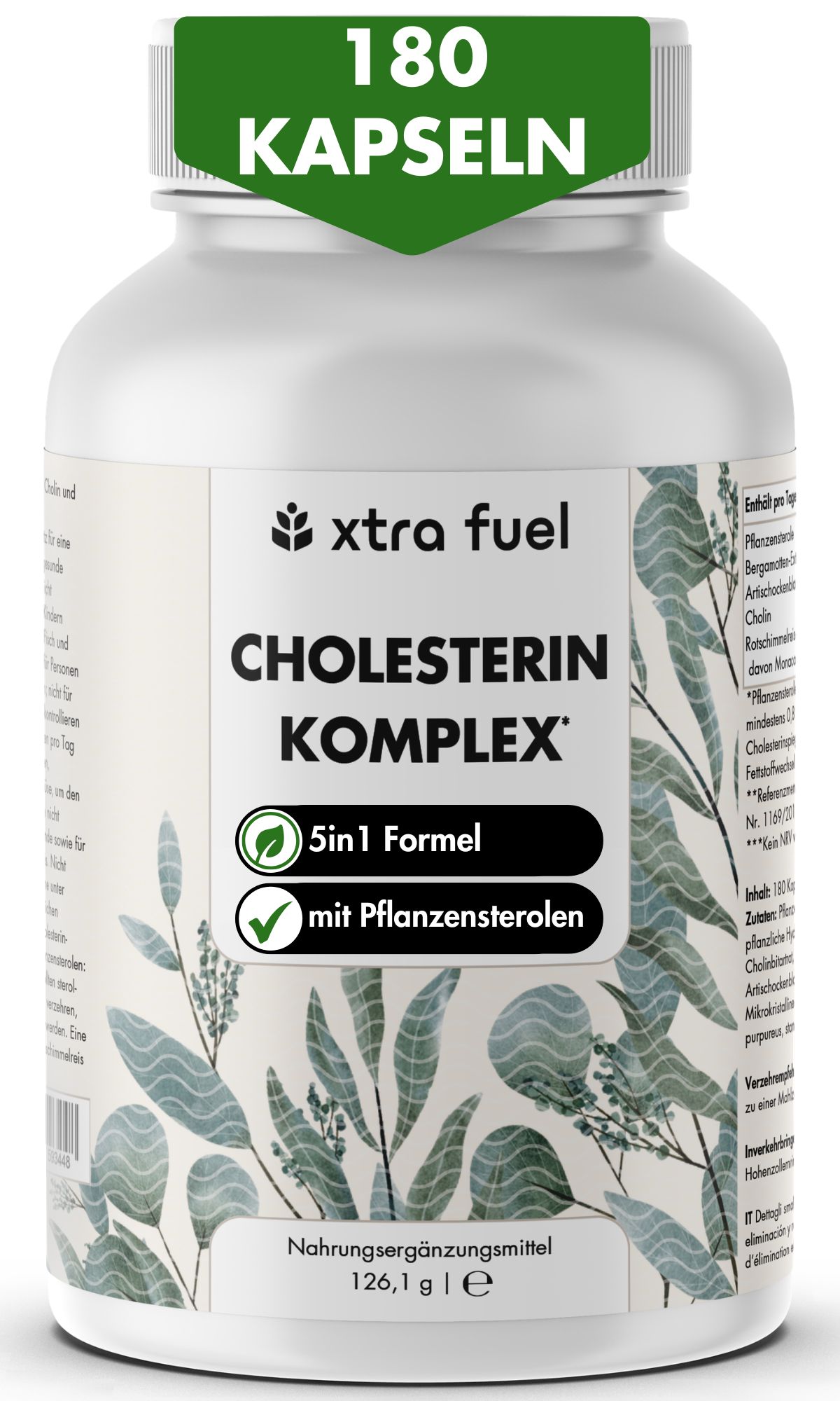 Flasche mit 180 Kapseln XTRA FUEL Cholesterin Komplex, 5in1 Formel mit Pflanzensterolen.
