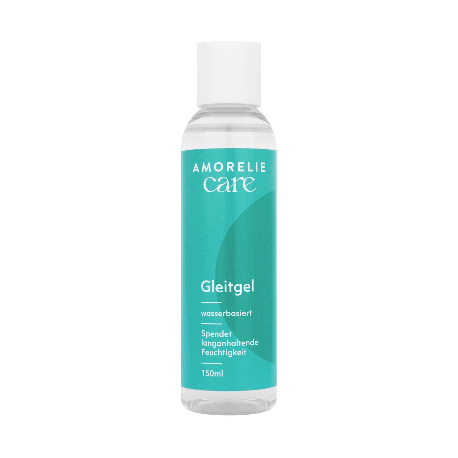 Flacon transparent avec bouchon blanc. Inscription AMORELIE Care, Gleitgel, à base d'eau. 150ml.