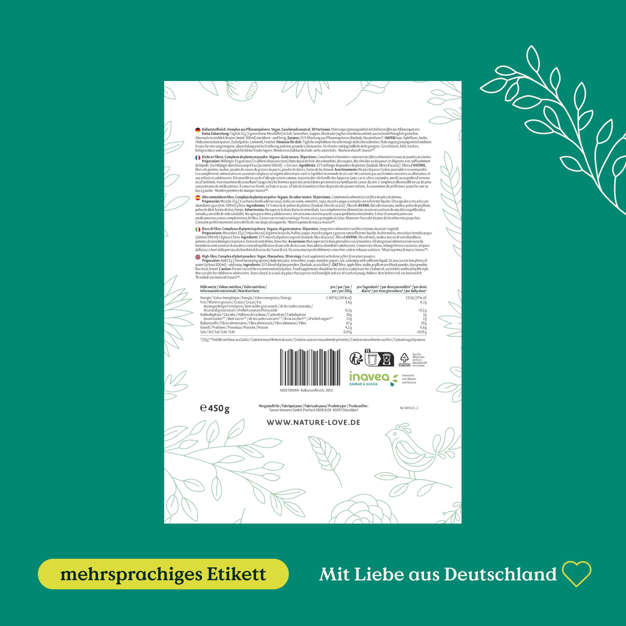 Rückseite der NATURE LOVE® Ballaststoffreich Pulver Verpackung. Mehrsprachiges Etikett, Text und Nährwertangaben. Inovea-Logo, Barcode, 450g.