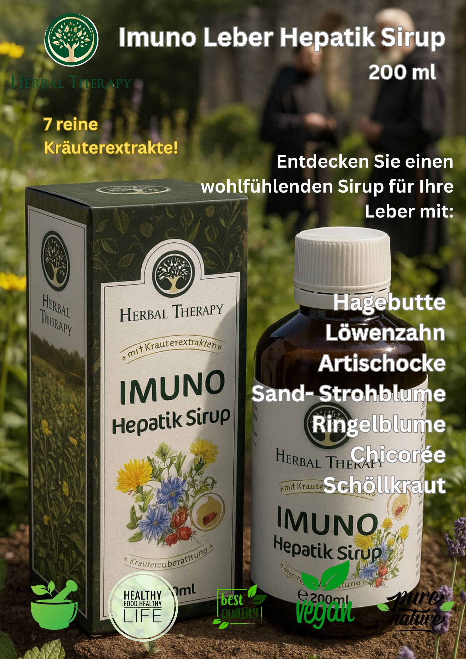 Produkt mit Flasche und Schachtel. Aufschrift: IMUNO Hepatik Sirup. 200 ml. Herbal Therapy. Mit Kräutern.