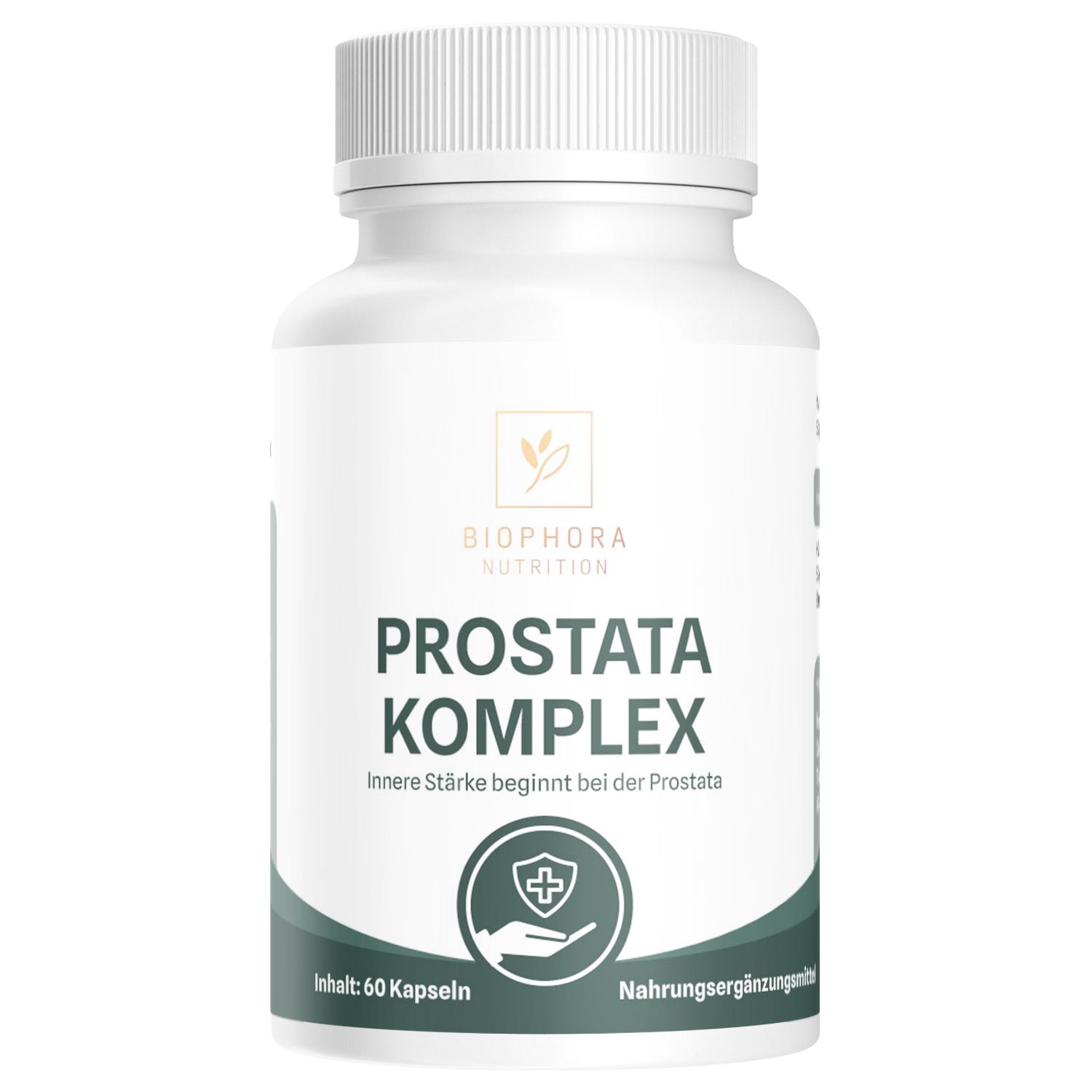 Weiße Kapsel-Dose mit grünem Etikett. Aufschrift: BIOPHORA, PROSTATA KOMPLEX. Enthält 60 Kapseln. Nahrungsergänzungsmittel.