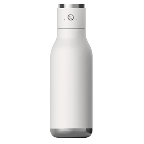 Weiße Trinkflasche mit silbernen Akzenten. Oben ein Bedienfeld mit Symbolen. Zylindrische Form mit abgerundeten Enden.
