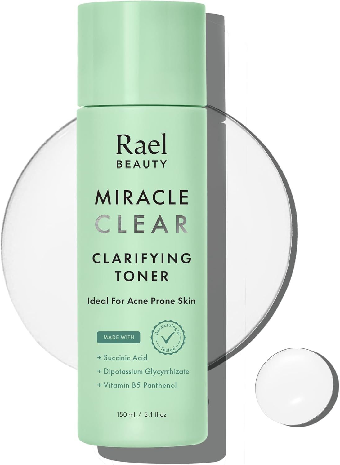 Grüne Flasche mit weißem Deckel. Aufschrift: Rael Beauty, Miracle Clear Clarifying Toner. Ideal für Akne-anfällige Haut. Dermatologisch getestet.