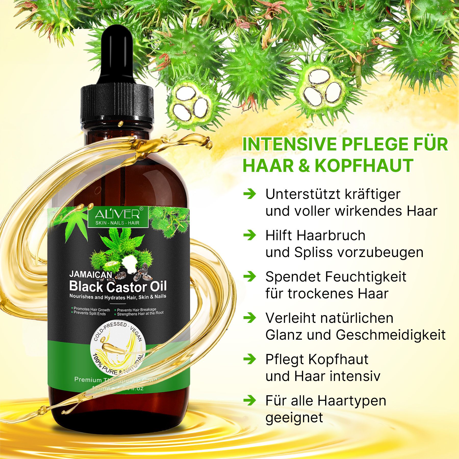 Flasche mit schwarzem Rizinusöl mit Pipette, umgeben von Ölsträhnen und Rizinusfrüchten.