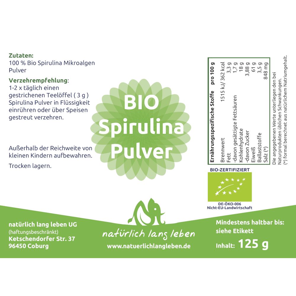 Etikett mit Text: "BIO Spirulina Pulver", Zutaten, Nährwertangaben, Bio-Zertifizierung, Mindesthaltbarkeit und Inhalt: 125 g.