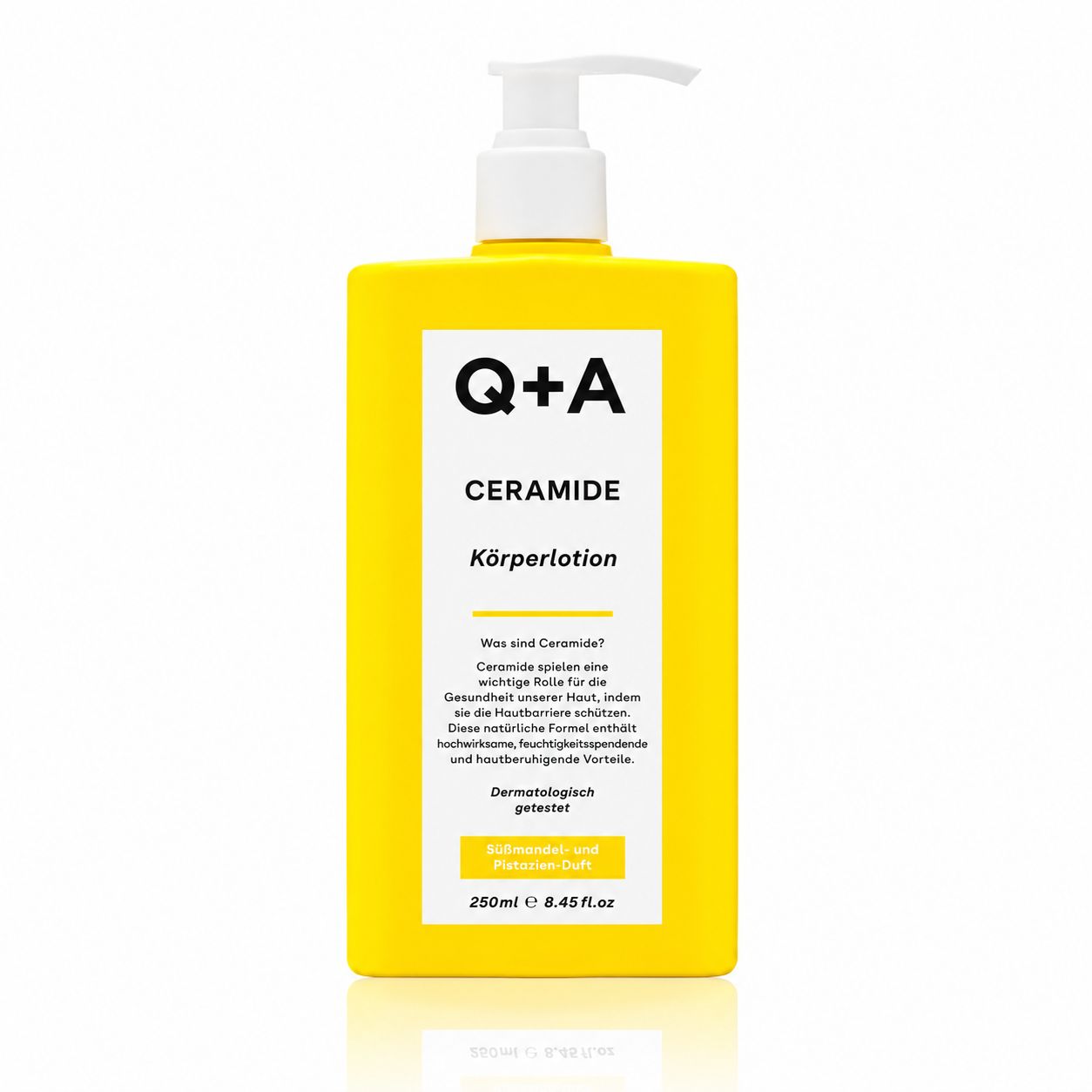 Q+A Ceramide Body Lotion in gelber Flasche mit Pumpspender. Pflegt trockene Haut, schützt die Hautbarriere, Gel-Creme-Formel.