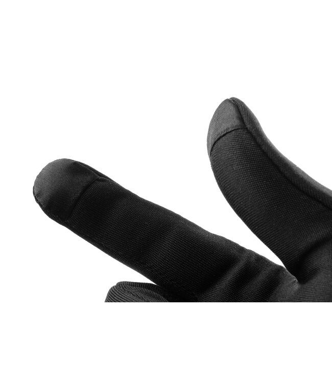 Schwarzer Handschuh, Nahaufnahme der Fingerspitze. Touchscreen-kompatibel.